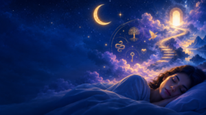 Dream interpretation concept with a sleeping person, moon, stars, and glowing dream symbols.