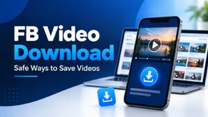 FB video download guide showing a phone and video download symbol