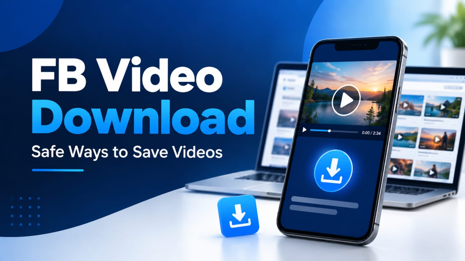 FB video download guide showing a phone and video download symbol