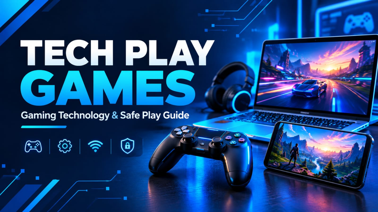 Tech play games guide featuring a gaming controller, laptop, smartphone, and gaming technology icons