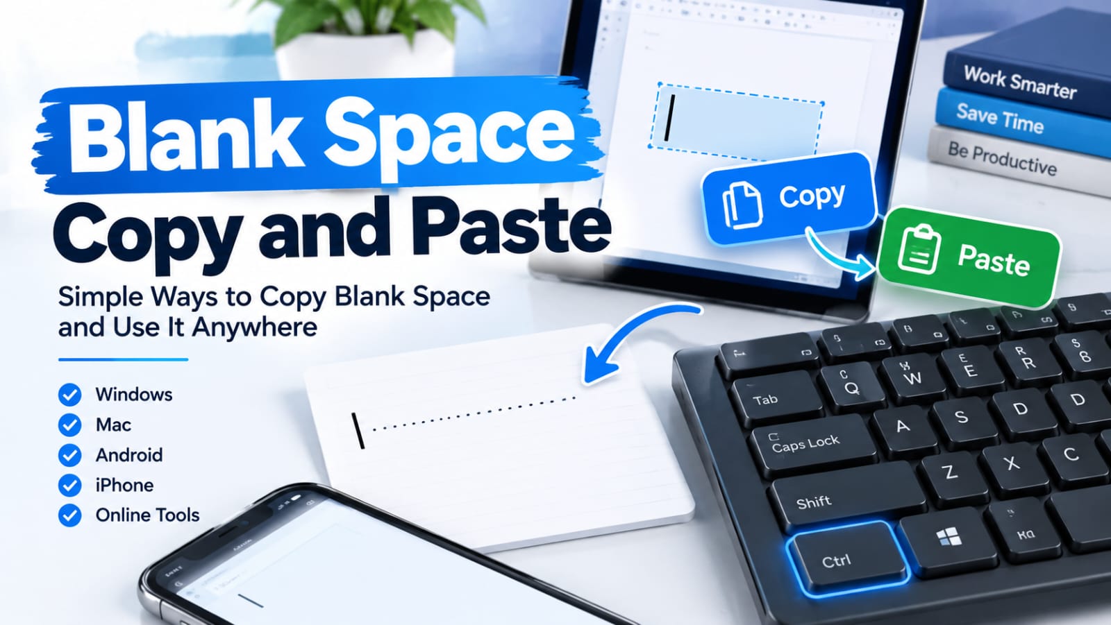 Blank space copy and paste guide with a laptop, keyboard, and copy and paste symbols